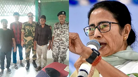 তিন পরিযায়ী শ্রমিক (বাঁদিকে), মুখ্যমন্ত্রী মমতা বন্দ্যোপাধ্যায় (ডানদিকে)