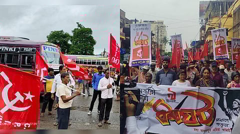 ধর্মঘটের সমর্থনে নদীয়ার করিমপুর বাসস্ট্যান্ডে সিপিআইএম কর্মীরা (বামদিকে) এবং যাদবপুরের গাঙ্গুলি বাগানে ধর্মঘটের সমর্থনে মিছিল (ডানদিকে)