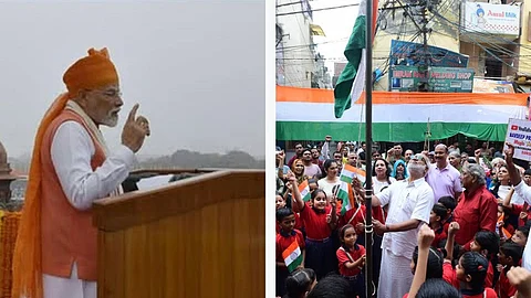 লালকেল্লা থেকে ভাষণ দিচ্ছে প্রধানমন্ত্রী নরেন্দ্র মোদী এবং করোলবাগে পতাকা উত্তোলন করছেন এম এ বেবী