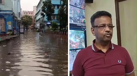(বাঁদিকে) জলমগ্ন আরজি কর হাসপাতাল, (ডানদিকে) পরিস্থিতির দিকে নজর মেয়র ফিরহাদ হাকিমের