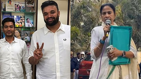 অভিষেক ব্যানার্জির সাথে প্রতীক জৈন (বামদিকে) এবং সবুজ রঙের ফাইল হাতে মমতা ব্যানার্জি (ডানদিকে)