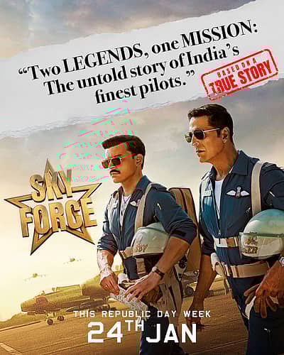 ಬಾಲಿವುಡ್ ನಟ ಅಕ್ಷಯ್ ಕುಮಾರ್, ವೀರ್ ಪಹಾರಿಯಾ ಮತ್ತು ನಿಮ್ರತ್ ಕೌರ್ ನಟನೆಯ ಸ್ಕೈ ಫೋರ್ಸ್ ಚಿತ್ರ ಜ. 24ಕ್ಕೆ ತರೆ ಕಾಣುತ್ತಿದೆ. 1965ರಲ್ಲಿ ನಡೆದ ಭಾರತ –ಪಾಕಿಸ್ತಾನ ವಾಯುಯುದ್ಧ ಕುರಿತಾದ ಕಥಾಹಂದರ ಸಿನಿಮಾದಲ್ಲಿದೆ.