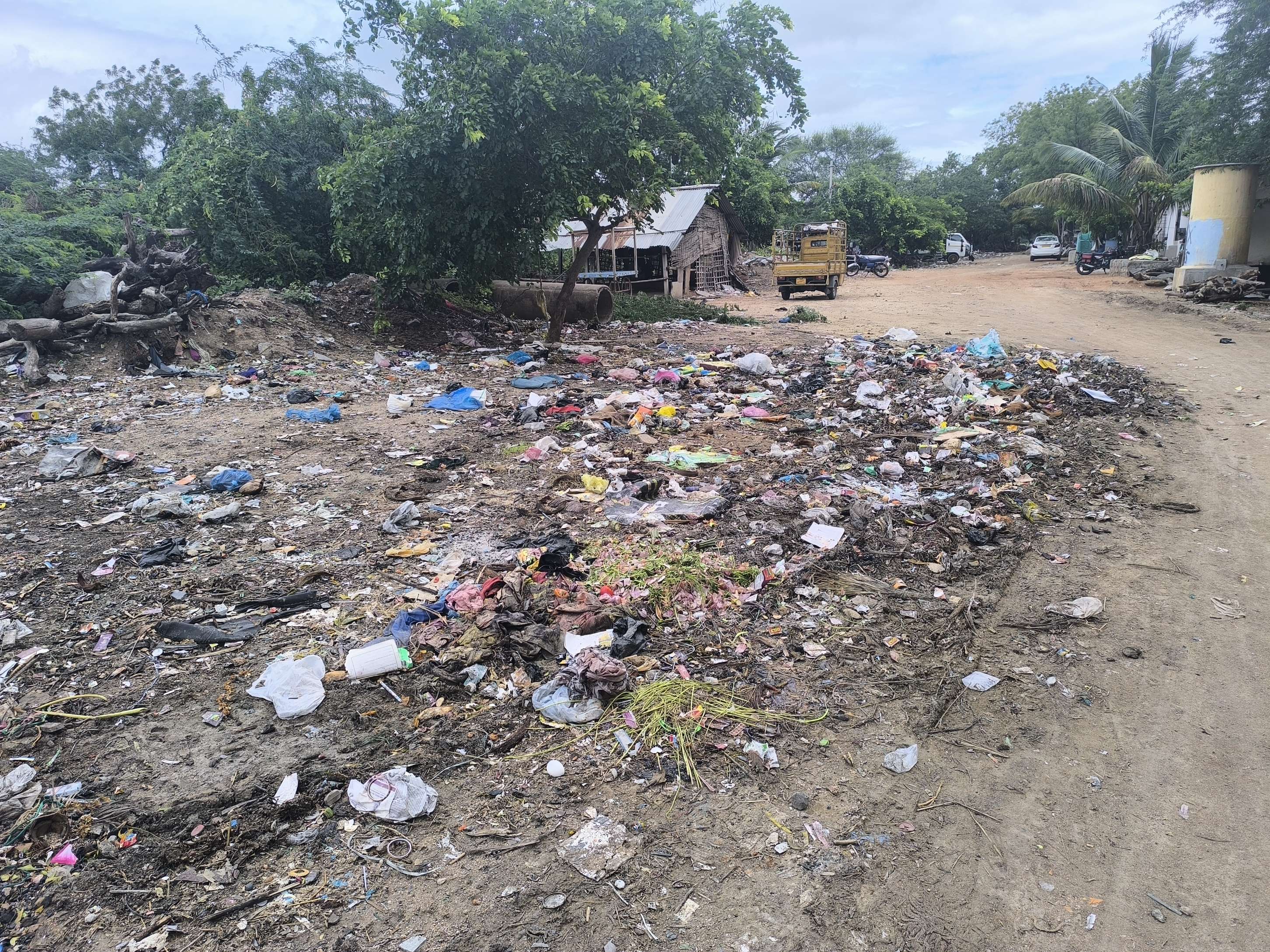 ಹಮಾಲರ ಕಾಲೊನಿಗೆ ತೆರಳುವ ರಸ್ತೆಯಲ್ಲಿ ತ್ಯಾಜ್ಯ ವಿಲೇವಾರಿ ಆಗದೇ ಇರುವುದು