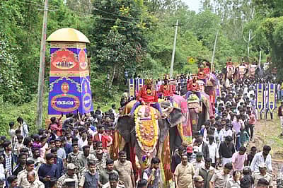 ಮೈಸೂರಿನ ನಾಗರಹೊಳೆ ಹುಲಿ ಸಂರಕ್ಷಿತ ಅರಣ್ಯ ವ್ಯಾಪ್ತಿಯ ವೀರನಹೊಸಹಳ್ಳಿಯಲ್ಲಿ ಸೋಮವಾರ ನಾಡಹಬ್ಬ ದಸರೆಯಲ್ಲಿ ಪಾಲ್ಗೊಳ್ಳುವ ಕ್ಯಾಪ್ಟನ್ ಅಭಿಮನ್ಯು ನೇತೃತ್ವದ 9 ಆನೆಗಳ ‘ಗಜಪಯಣ’ ದಲ್ಲಿ ಅರಣ್ಯ ಸಚಿವ ಈಶ್ವರ್ ಕಂಡ್ರೆ ಅವರು ಪೂಜೆ ಸಲ್ಲಿಸಿದರು. ಸಚಿವ ಕೆ. ವೆಂಕಟೇಶ್, ಸಂಸದ ಸುನಿಲ್ ಬೋಸ್, ಡಿಸಿ ಲಕ್ಷ್ಮಿಕಾಂತ್ ರೆಡ್ಡಿ, ಮರಿಗೌಡ, ಪುಷ್ಪ ಅಮರನಾಥ್, ಶಾಸಕರಾದ ರವಿಶಂಕರ್, ಅನಿಲ್ ಚಿಕ್ಕಮಾದು, ಜಿ.ಡಿ. ಹರೀಶ್ ಗೌಡ, ಐಜಿಪಿ ಬೋರಲಿಂಗಯ್ಯ, ಎಸ್.ಪಿ ವಿಷ್ಣುವರ್ಧನ್ ಹಾಗೂ ಇತರರು ಭಾಗವಹಿಸಿದರು. ಪ್ರಜಾವಾಣಿ ಚಿತ್ರ/ ಅನೂಪ್ ರಾಘ.ಟಿ.