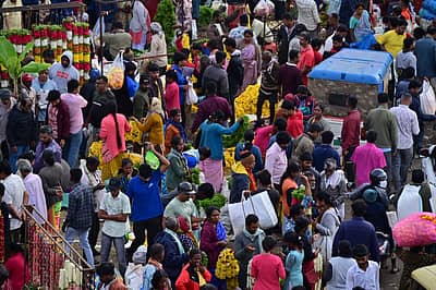 ಬೆಂಗಳೂರಿನ ಕೃಷ್ಣರಾಜ ಮಾರುಕಟ್ಟೆಯಲ್ಲಿ ಮಂಗಳವಾರ ದಸರಾ ಹಬ್ಬದ ಆಯುಧ ಪೂಜೆ ಮುನ್ನ ದಿನ ಹೂವು ಹಣ್ಣು ಮತ್ತು ಪೂಜಾ ಸಾಮಗ್ರಿಗಳನ್ನು ಖರೀದಿಸಲು ಅಪಾರ ಸಂಖ್ಯೆಯಲ್ಲಿ ಜನರು ಸೇರಿದ್ದರು.