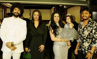 ನಟ ಭುವನ್ ಪೊನ್ನಣ್ಣ ಹಾಗೂ ಹರ್ಷಿಕಾ ಜೊತೆಗೆ ಗೋಲ್ಡನ್ ಸ್ಟಾರ್ ಗಣೇಶ್ ಹಾಗೂ ಪತ್ನಿ ಶಿಲ್ಪಾ.