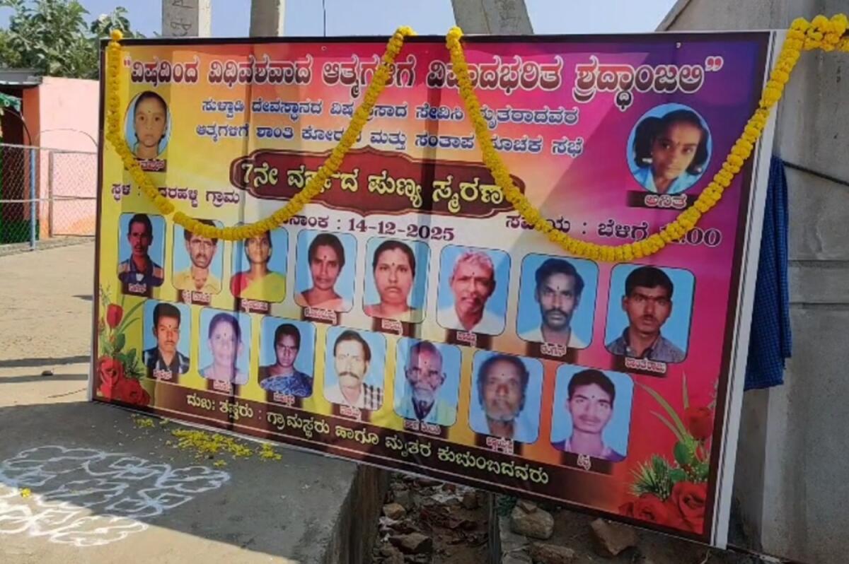 ಸುಳ್ವಾಡಿ ಕಿಚ್ಗುತ್ ಮಾರಮ್ಮನ ದೇವಸ್ಥಾನದಲ್ಲಿ ವಿಷಪ್ರಸಾದ ಸೇವಿಸಿ ಮೃತಪಟ್ಟವರ ಭಾವಚಿತ್ರ