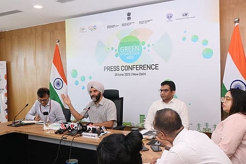 MNRE Secretary Bhupinder Sigh Bhalla while addressing a curtain raiser press conference on International Conference on Green Hydrogen (ICGH-2023)