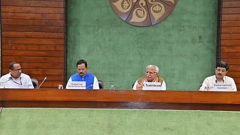 Minister for Power Manohar Lal Khattar (centre) with Minister of State (MoS) for Power Shripad Naik (second from left), Power Secretary Pankaj Agarwal (first from right) and CEA Chairman Ghanshyam Prasad (first from left) at the ministry's Consultative Committee meeting in New Delhi on July 23