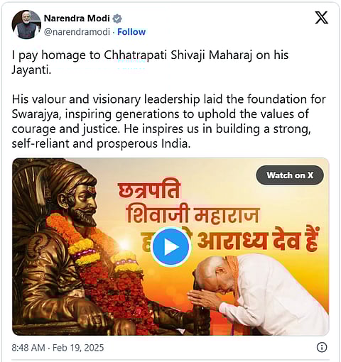 The Prime Minister, Shri Narendra Modi has paid homage to Chhatrapati Shivaji Maharaj on his Jayanti.
Shri Modi wrote on X;
“I pay homage to Chhatrapati Shivaji Maharaj on his Jayanti.
His valour and visionary leadership laid the foundation for Swarajya, inspiring generations to uphold the values of courage and justice. He inspires us in building a strong, self-reliant and prosperous India.”
“छत्रपती शिवाजी महाराज यांच्या जयंतीनिमित्त मी त्यांना अभिवादन करतो.
त्यांच्या पराक्रमाने आणि दूरदर्शी नेतृत्वाने स्वराज्याची पायाभरणी केली, ज्यामुळे अनेक पिढ्यांना धैर्य आणि न्यायाची मूल्ये जपण्याची प्रेरणा मिळाली. ते आपल्याला एक बलशाली, आत्मनिर्भर आणि समृद्ध भारत घडवण्यासाठी प्रेरणा देत आहेत.”