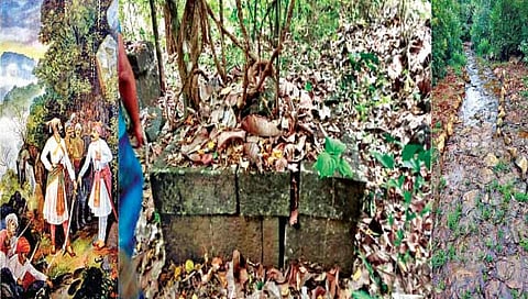 पावनखिंड रणसंग्रामाचे रेखाटलेले काल्पनिक चित्र.दुसऱ्या छायाचित्रात पन्हाळगड-विशाळगड मार्गावरील अपरिचित समाधी. तर तिसऱ्या छायाचित्रात पन्हाळगड ते विशाळगड मार्गावरील प्राचीन व्यापारी मार्गावरील फरसबंदीचे अवशेष.