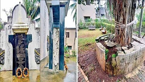 हुतात्म्याच्या शौर्याचे प्रतिक म्हणून उभारलेल्या या स्तंभाची पाठीमागच्या बाजूने दूरवस्था झाली आहे. दुसऱ्या छायाचित्रात शाहुपूरीतील फाशीचा वड स्मारकारची अशी दुरवस्था झाली असून वडाचा पारही भेगाळला आहे.