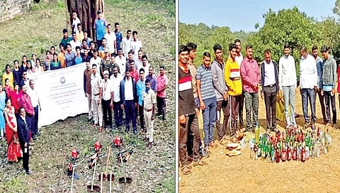 राधानगरी : हत्तीमहाल येथे स्वच्छता मोहीम राबविताना विद्यार्थी. दुसर्या छायाचित्रात दाजीपूर परिसरातील बॅकवॉटर येथे स्वच्छता मोहिमेदरम्यान जमा केलेल्या दारूच्या बाटल्यांचा खच. (छाया : अमोल पाटील व नंदू गुरव)