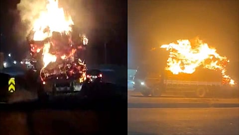 Burning Truck : मुंबई अहमदाबाद महामार्गावर चालत्या बर्निंग ट्रकचा थरार