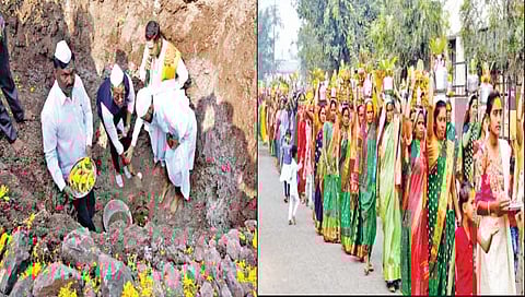 ढोणेवाडी : आत्मा मलिक ध्यानपीठ बांधकाम पायाभरणीप्रसंगी बसवप्रसाद जोल्ले व मान्यवर तर दुसर्या छायाचित्रात कलश मिरवणुकीत सहभागी महिला.