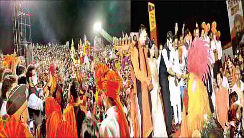 कुडाळ : शिमगोत्सवातील कलाविष्काराचे क्षण मोबाईलमध्ये टिपताना ना. आदित्य ठाकरे. दुसर्या छायाचित्रात कोंबडानृत्य साकारलेल्या सिद्धेश मालणकरचे पुष्पगुच्छ देऊन स्वागत करताना ना. आदित्य ठाकरे. सोबत खा. विनायक राऊत, पालकमंत्री उदय सामंत.