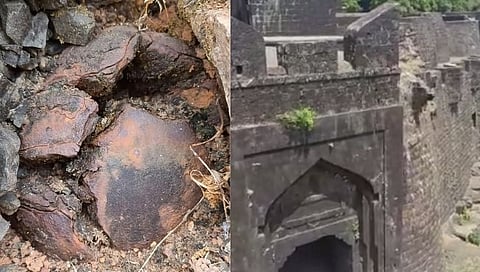 पन्हाळा : ऐतिहासिक तीन दरवाजाजवळ बुरुजाच्या भिंतीत आढळला तोफगोळा