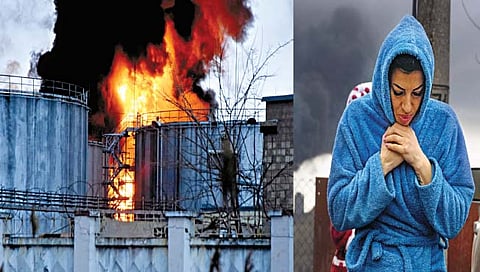 ओडेसा ः युक्रेनमधील ओडेसा प्रांतात रशियाने रविवारी तुफान बॉम्बफेक केली. त्यामुळे येथे धूर आणि आगीचे साम्राज्य पसरले होते. दुसर्या छायाचित्रात धूर आणि आगीतून स्वतःचा बचाव करत निघालेली स्थानिक महिला.