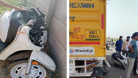 नाशिक : नाशिक-पुणे महामार्गावर नांदूरशिंगोटे शिवारात आयशर टेम्पोवर धडकलेली चकनाचुर झालेली दुचाकी. (छाया: संदीप भोर)