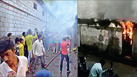 नाशिक : वावरे गल्लीजवळ लाकडी घरास लागलेली आग. दुसर्या छायाचित्रात आगीवर नियंत्रण मिळविताना अग्निशमन विभागाचे कर्मचारी.
(छायाचित्रे : हेमंत घोरपडे)