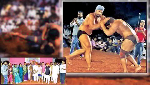 सुर्लीं : अंजली वेताळ विरुद्ध संतोष जाधव कुस्ती लावताना खा. श्रीनिवास पाटील, आनंदराव पाटील, धनाजी पाटील, संतोष वेताळ, नवनाथ पाटील आदी. तर दुसर्या छायाचित्रात प्रथम क्रमांकाच्या जस्सा पट्टी विरुद्ध सुदेशकुमार यांच्यातील कुस्तीचा एक क्षण.