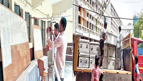 सोलापूर : मनपाची अंतिम प्रभागरचना प्रसिद्ध झाल्यावर ते मोबाईलमध्ये टिपताना कार्यकर्ते तर दुसर्या छायाचित्रात ईव्हीएम मशिन तपासणीसाठी नेताना.