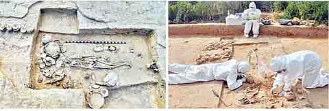 डेक्कन कॉलेजमधील पुरातत्त्व विभागाने राखीगढीत केलेल्या उत्खननात सापडलेला मानवी सांगाडा. दुसर्याछायाचित्रात राखीगढी उत्खननादरम्यान सापडलेल्या सांगाड्याचे डीएनए सॅम्पल घेणारे संशोधक.