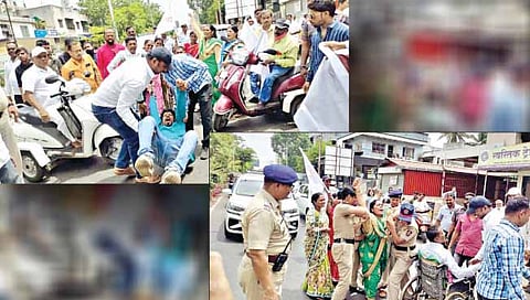 कराड : कोल्हापूर नाक्यावर रस्ता रोको करणार्या आंदोलकांना शहर पोलिसांनी ताब्यात घेतले.