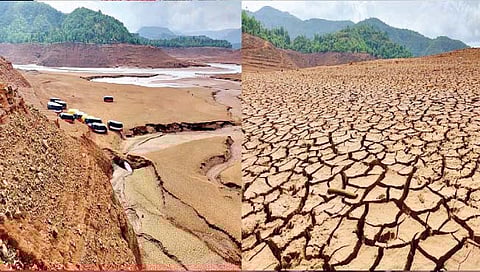 1) कोरड्या नदीपात्रात उभ्या केलेल्या बोटी. 2) भेगाळलेले कोयनेचे पात्र.