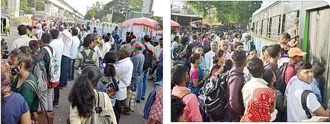 स्वारगेट चौकात रस्त्यावरच बसची वाट पाहत उभे राहिलेले प्रवासी.