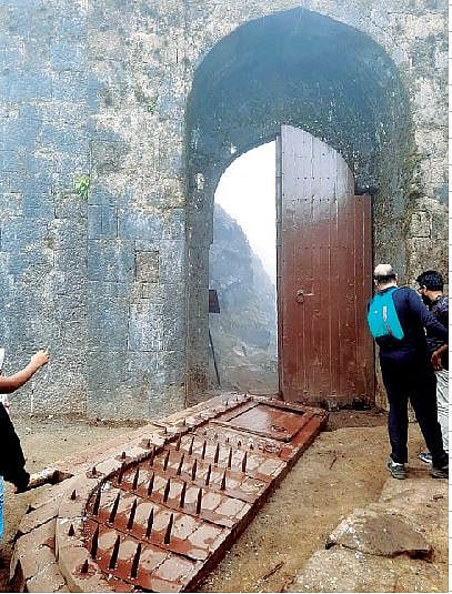 राजगड किल्ल्याच्या शिवकालीन पाली प्रवेशद्वारातील लाकडी दरवाजाची एक झडप कोसळून खाली पडली.