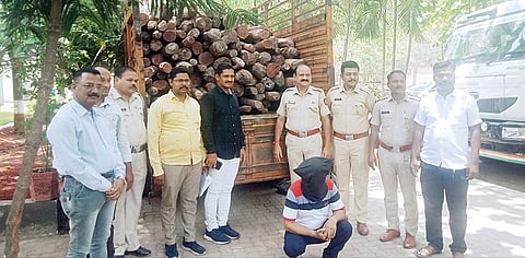 नगर ः खाली बसलेला आरोपी आणि जप्त केलेल्या रक्तचंदनासह पोलीस अधिकारी व पथकातील कर्मचारी.