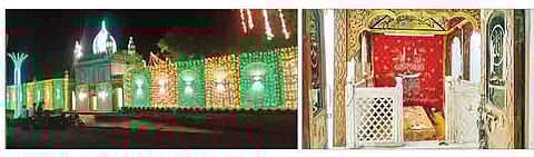 बारामती तालुक्यातील सुपे येथील ख्वाजा शाह मन्सूरबाबा दर्ग्याचे मुख्य प्रवेशद्वार. शेजारी बाबांची दर्ग्यातील समाधी. (छाया : सुदाम नेवसे)