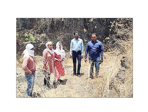 बोटा : वरिष्ठ भूवैज्ञानिक मोनिका तारे यांनी काळदरा डोंगरातील ओढ्यातील खडकांच्या तड्याची पाहणी केली. (छाया ः सतीश फापाळे)