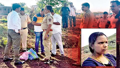 वाघवाडी ः येथील घटनास्थळी पाहणी करताना पोलिस उपअधीक्षक कृष्णात पिंगळे, पोलिस निरीक्षक शशिकांत चव्हाण. दुसऱ्या छायाचित्रात इन्सेटमध्ये मृत प्रियांका गुरव