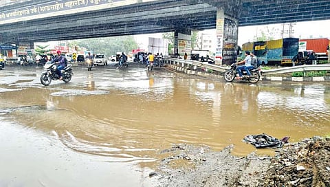वाढे चौकातील उड्डाणपुलाखाली मागील काही दिवसांपासून असे तळे साठले आहे. (छाया : साई फोटोज)