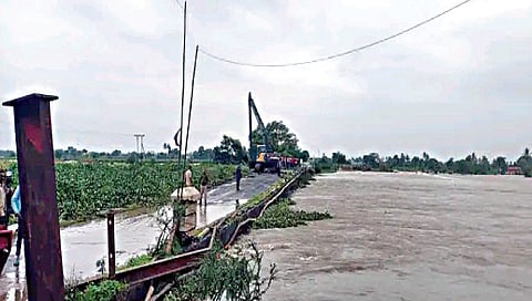 सायखेडा : पुलाला अडकलेल्या पाणवेली हटविण्याचे सुरू असलेले काम.