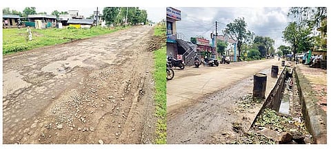 खड्डे भरण्यासाठी मुरूम वापरल्याने दगड रस्त्यावर आले आहेत. तसेच मलठणमधील उघडी गटारे.