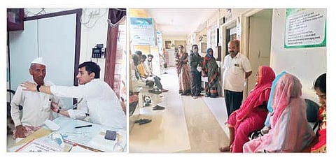 मोरगाव प्राथमिक आरोग्य केंद्रात विषाणूयुक्त आजारांच्या रुग्णांवर उपचार करताना डॉ. अनिल वाघमारे व डॉ. अभिनव पुरोहित, दुसर्या छायाचित्रात रुग्णालयात रुग्णांची रांग (छाया : अशोक वेदपाठक)