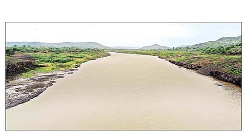 राहुरी : मुळा धरण पाणलोट क्षेत्रात पाऊस सुरू असून, दुथडी भरून वाहताना मुळा नदीचे पात्र.