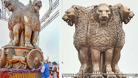 पंतप्रधानांनी अनावरण केलेल्या संसद भवनावर बसविण्यात आलेल्या अशोक स्तंभाच्या या प्रतिमेवरून वाद