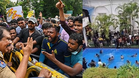 बॅरिकेडे तोडून राष्ट्रपती निवास स्थानात प्रवेशाच्या तयारीत असणारे आंदोलक, दुसऱ्या छायाचित्रात राष्ट्रपतींच्या स्विमिंगपूलमध्ये आंदोलकांनी मनमुराद पोहण्याचा आनंद घेतला...