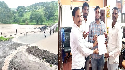 ठाणगाव : पुराचे पाणी पुलावरुन वाहत असल्याने वाहतुकीसाठी धोकादायक पूलाबाबत. नाशिकचे खासदार गोडसे यांच्या कार्यालयात निवेदन देताना रामदास भोर, योगेश शिंदे आदी.