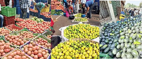 मार्केट यार्डमधील फळबाजारात विक्रीसाठी दाखल झालेले डाळिंब, लिंबू व कलिंगड.