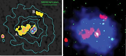 वारंवार सक्रिय असलेली विशाल आकाशगंगा प्रतिमेच्या मध्यभागी लाल बिंदूने चिन्हांकित केली आहे. भोवती नवीन लहान रेडिओ लोबची जोडी आहे.
दीर्घिका समूहाचे ऑप्टिकल छायाचित्र, ज्याच्या मध्यवर्ती रेडिओ लोबची (लाल रंगात) विशाल लंबवर्तुळाकार मूळ आकाशगंगा आहे.