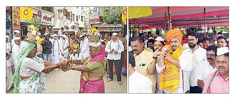 जामखेड : टाळ मृदंगाच्या गजरात पालखी सोहळ्यात फुगडी खेळताना महिला. दुसर्या छायाचित्रात पालखी घेतलेले आमदार रोहित पवार. (छाया : दीपक देवमाने)