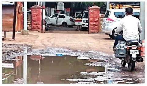 नेवासा : तहसील कार्यालयासमोर सांडपाण्याचे डबके साचल्याचे दृश्य दिसत आहे. (छाया : कैलास शिंदे)