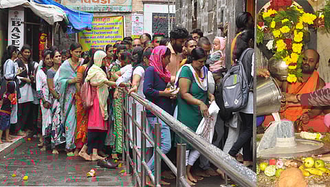 पंचवटी : अखेरच्या श्रावणी सोमवारनिमित्त गोदाघाटावरील श्री कपालेश्वर मंदिरात दर्शनासाठी भाविकांच्या लागलेल्या रांगा. दुसऱ्या छायाचित्रात कपालेश्वराला सुरू असलेला दुग्धाभिषेक. (छायाचित्रे : रुद्र फोटो)