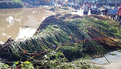 सिन्नर : सरस्वती नदीला महापूर आल्याने नदीपात्रात वाहून आलेला कचरा.