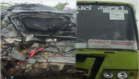 गणेश भक्तांवर काळाचा घाला! विजापूर- हुबळी महामार्गावर बस-कारचा अपघात, एकाच कुटुंबातील तिघेजण ठार